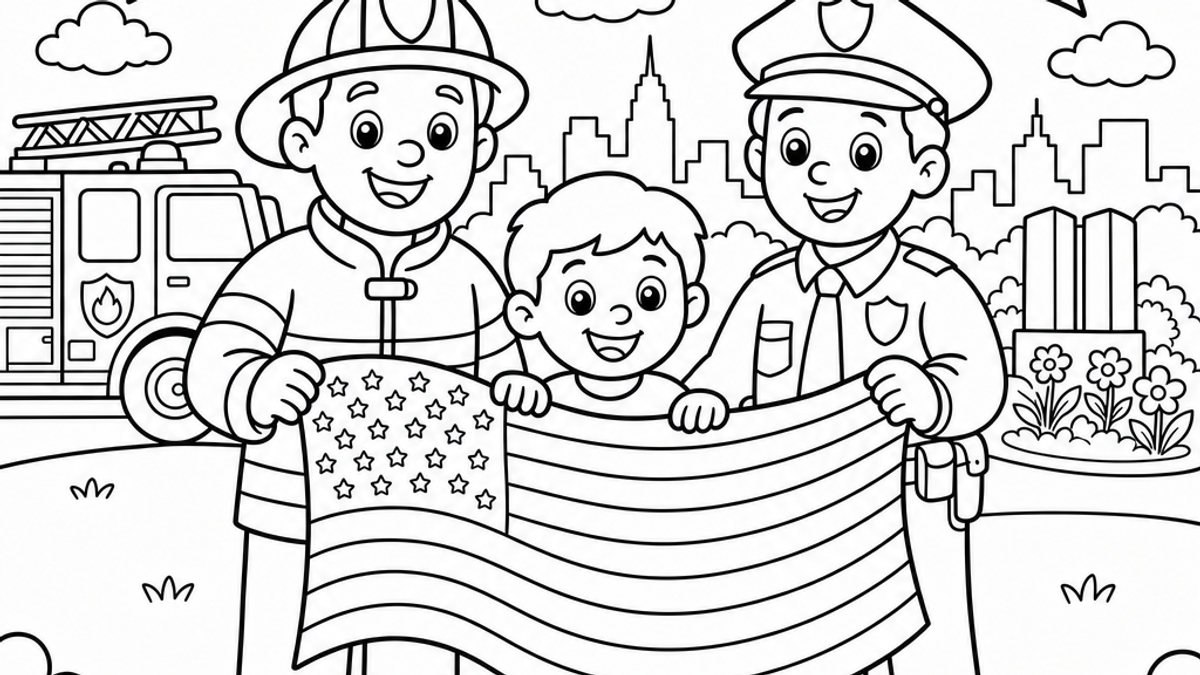 Coloring page showing a child, a firefighter, and a police officer holding an American flag together in a park, with a fire truck, memorial flowers, and a 'We Remember' banner in the sky, illustrating a Patriot Day remembrance scene.