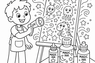 Coloring page of a child artist shining a UV light on a painting to reveal glowing hidden designs, surrounded by ink bottles and sparkle patterns.