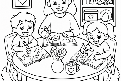 Coloring page of a parent and two children happily coloring together at a table, surrounded by cozy home details.