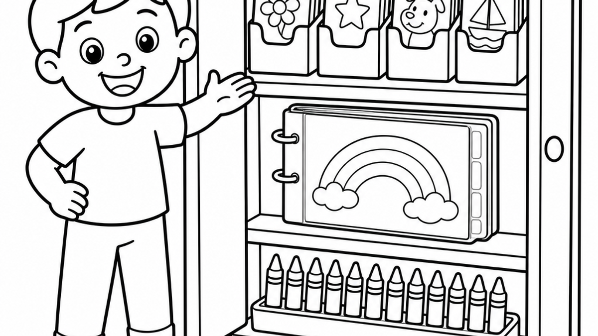 Black and white cartoon coloring page of a smiling child organizing coloring pages into folders, binders, and a crayon tray inside a tidy cabinet
