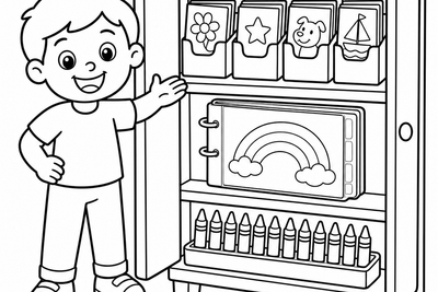 Black and white cartoon coloring page of a smiling child organizing coloring pages into folders, binders, and a crayon tray inside a tidy cabinet