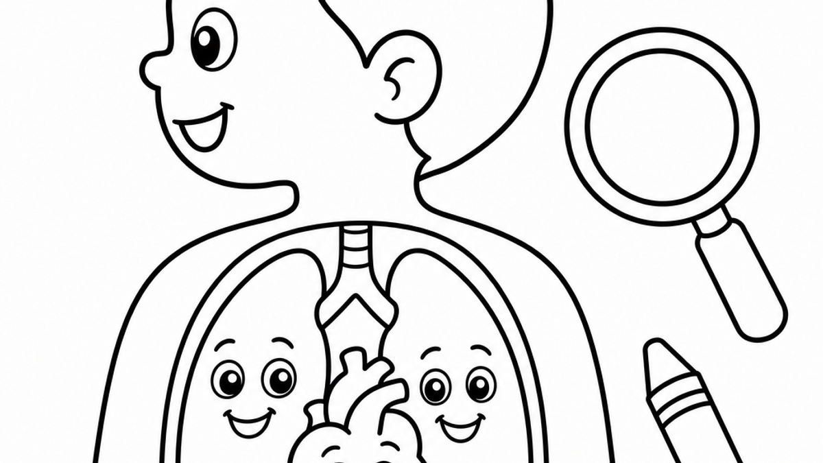 Black and white cartoon coloring page showing a smiling child's body in simple cross-section with a friendly heart and lungs, plus a magnifying glass and crayon, ready for coloring