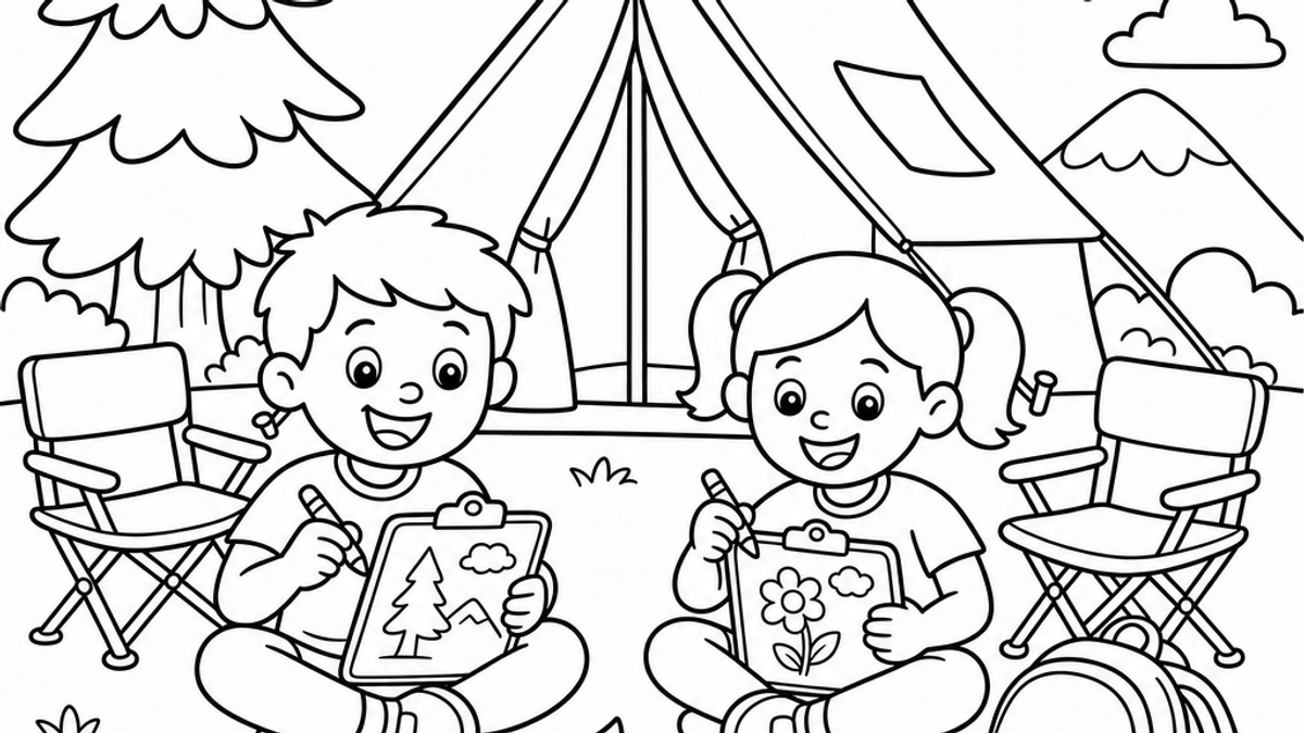 Coloring page of a boy and girl camping outdoors, coloring pictures near a tent and campfire with trees and mountains in the background.