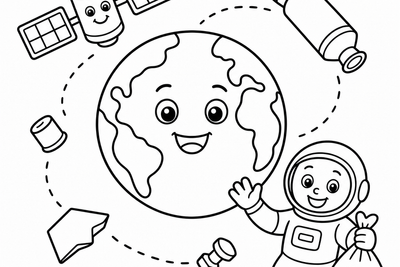 Black and white cartoon coloring page of a smiling Earth surrounded by a friendly satellite, floating space debris with dotted tracking lines, and a waving cartoon astronaut holding a trash bag