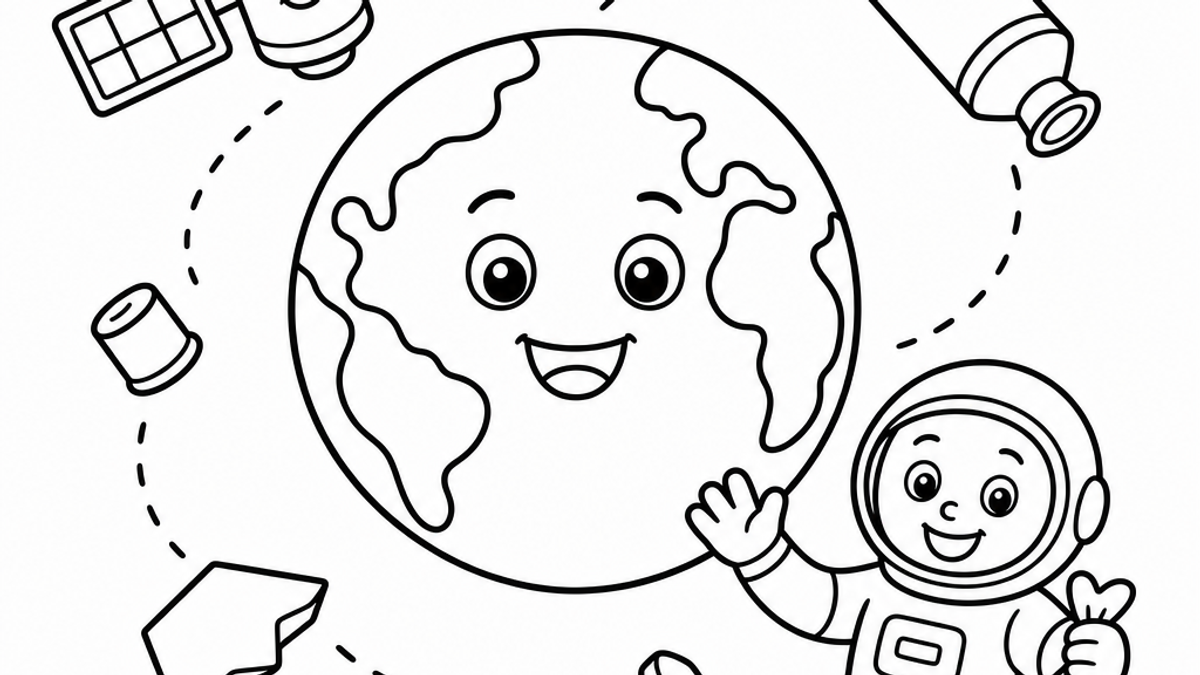 Black and white cartoon coloring page of a smiling Earth surrounded by a friendly satellite, floating space debris with dotted tracking lines, and a waving cartoon astronaut holding a trash bag