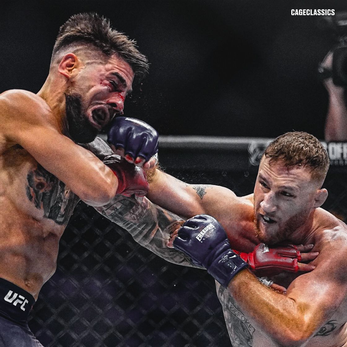 Justin Gaethje lands a hard right hand that snaps back a bloodied Ilia Topuria inside the cage