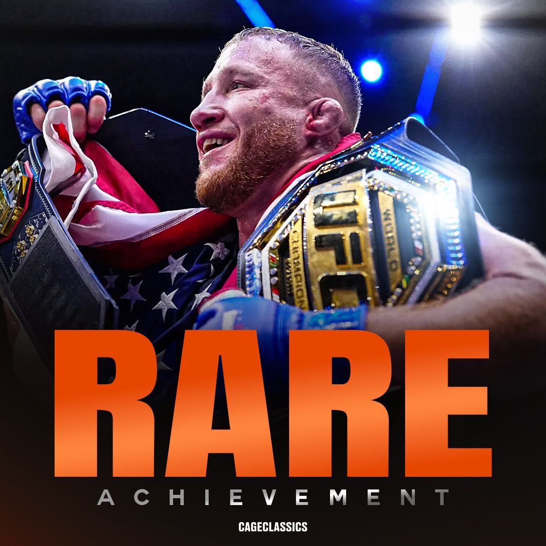 Justin Gaethje draped in an American flag holding two UFC championship belts after beating Ilia Topuria