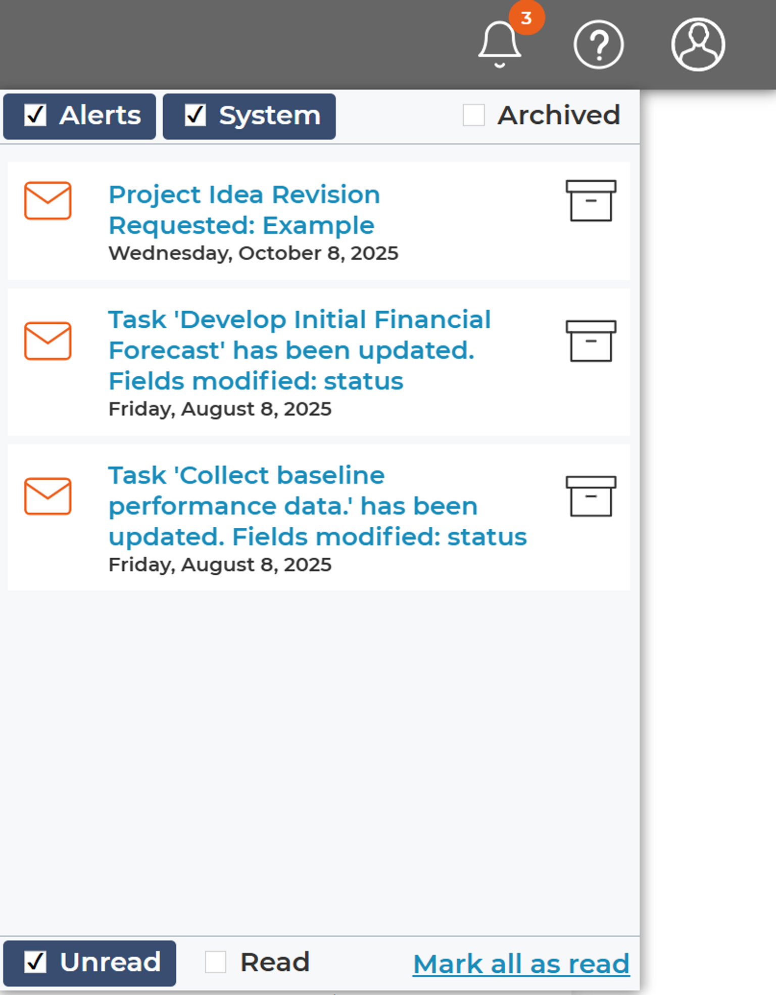 Example Notification menu in TRACtion, three alerts are currently visible