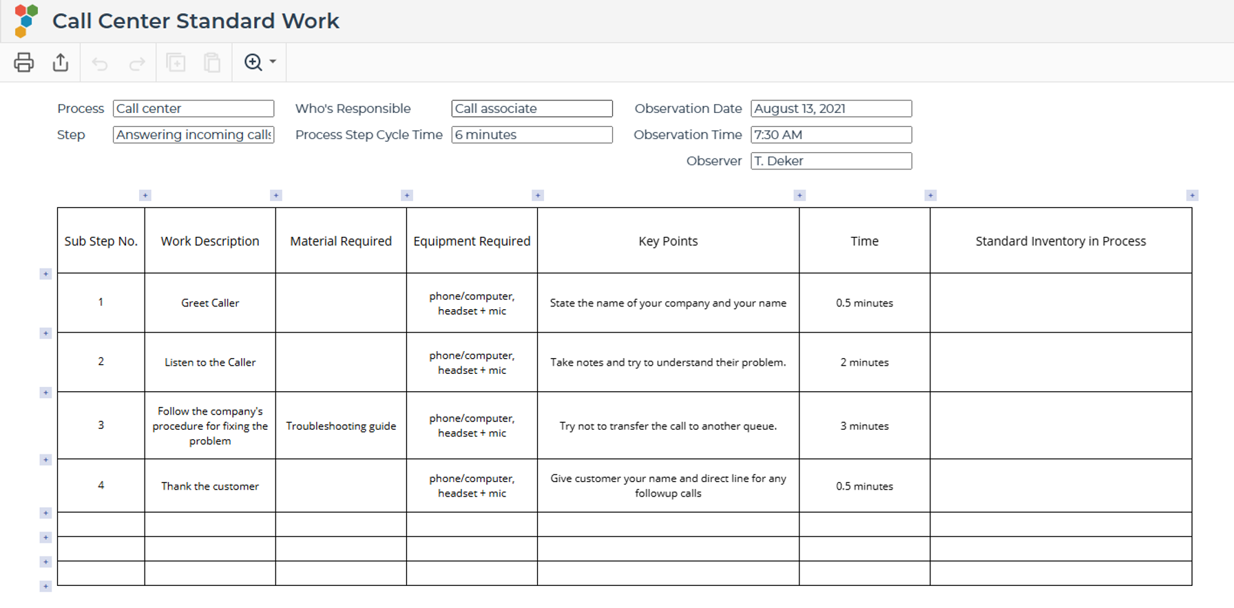 A Standard Work Sheet Example in EngineRoom