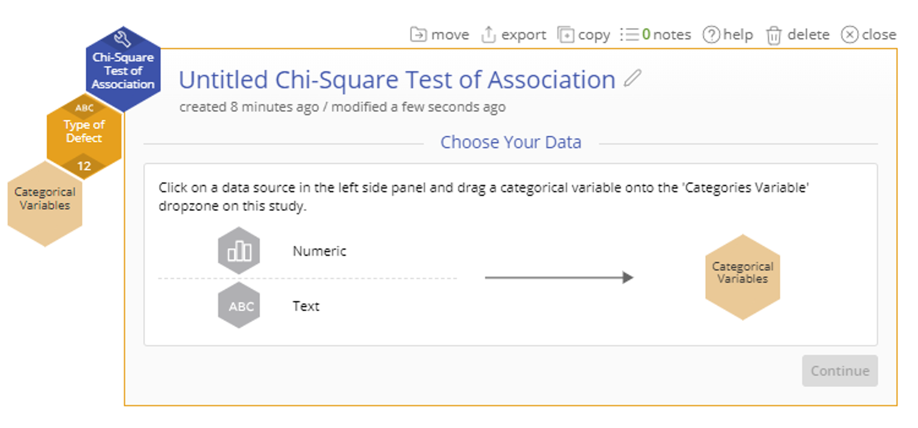 Chi-Square test of association study screen with one hexagonal categorical variable object and a second category variable dropzone