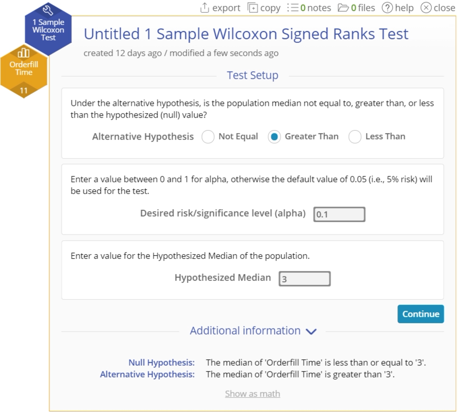 Wilcoxon test set up menu.