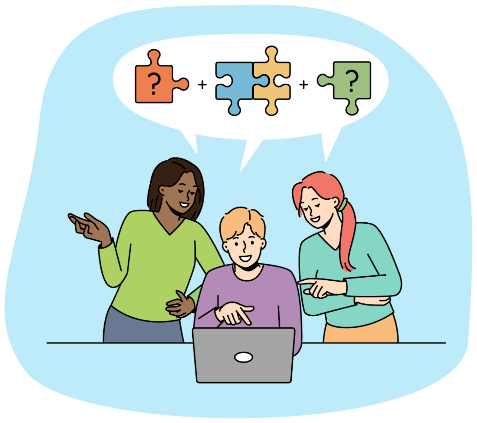 A group of people problem solving by asking questions and trying to solve a puzzle-like problem using the DMAIC method.