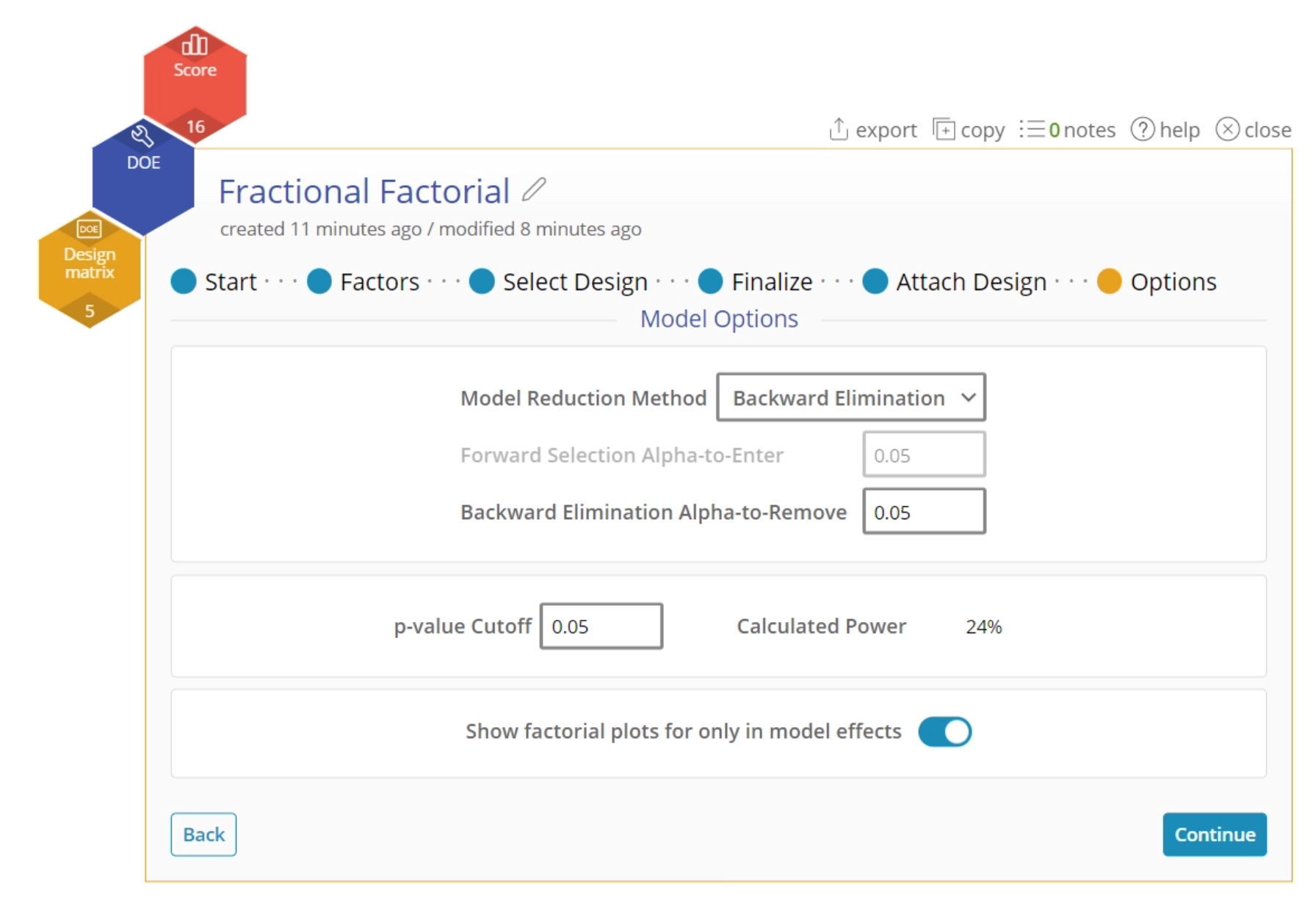 Options screen for adjusting desired significance level, selecting model reduction methods, and managing factorial plot displays.