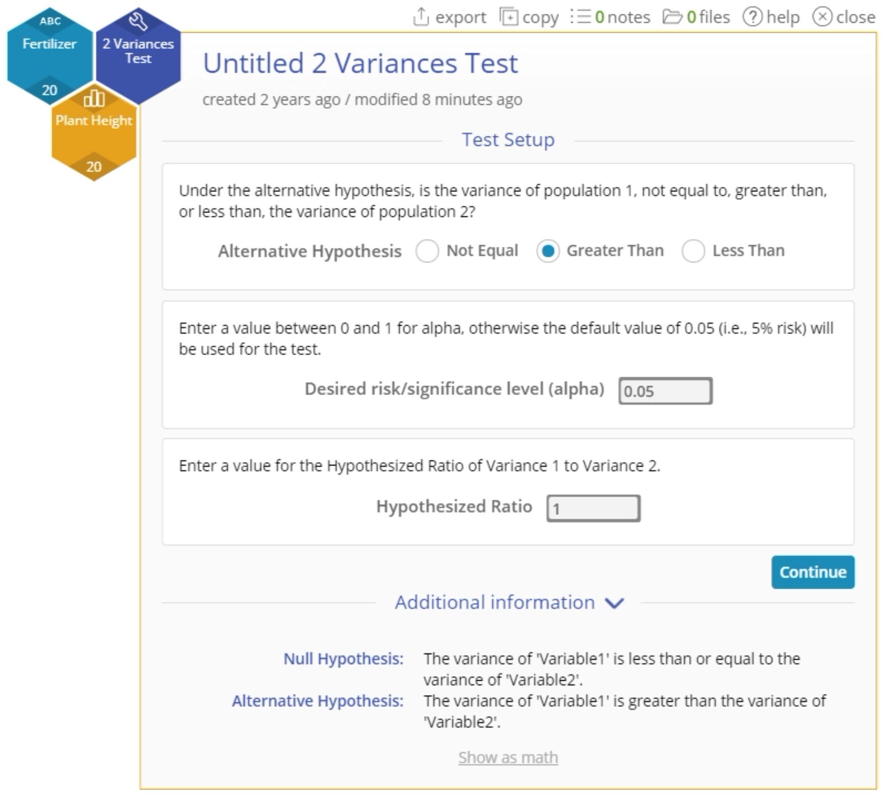 2 variances setup example