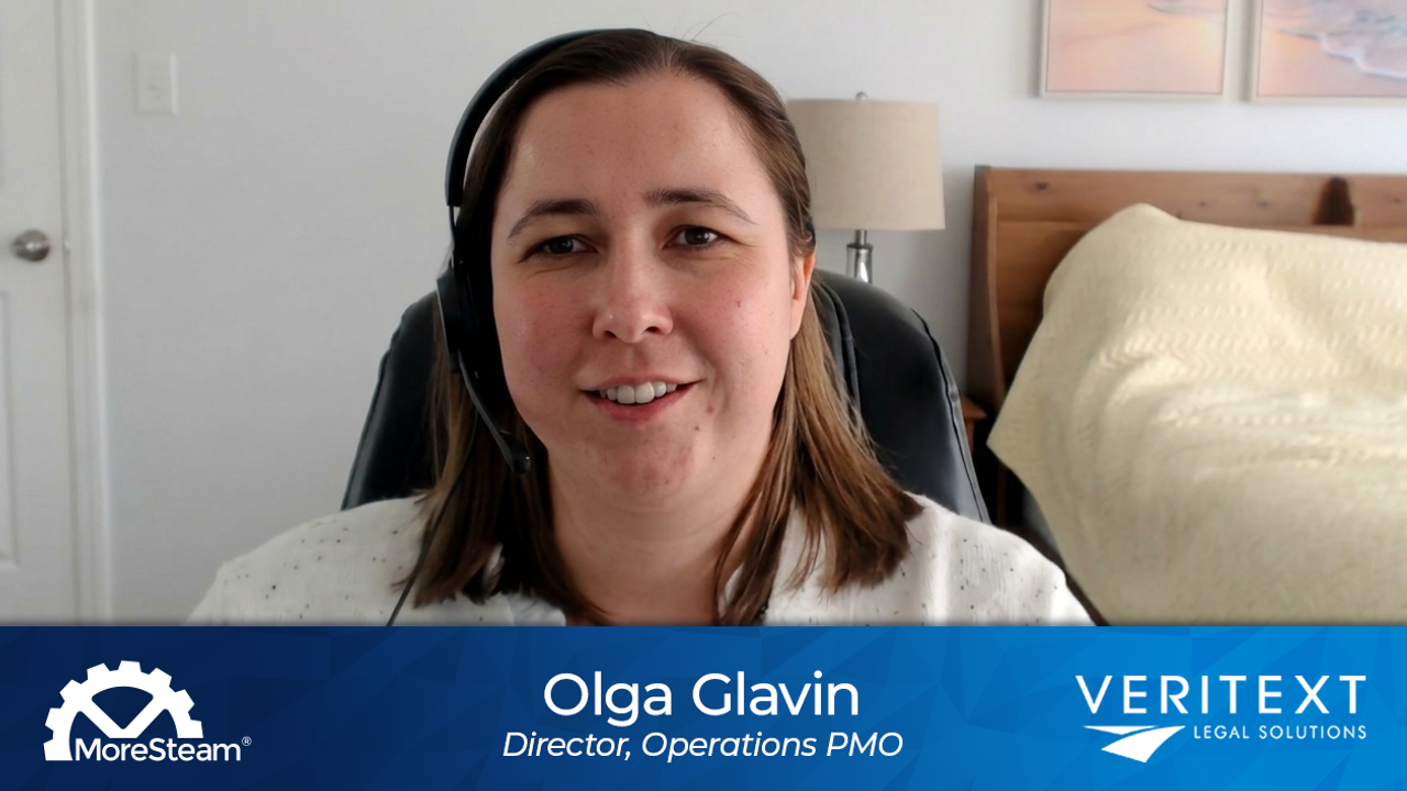 MoreSteam Veritext Case Study Poster Featuring Olga Glavin, Director, Operations PMO at Veritext
