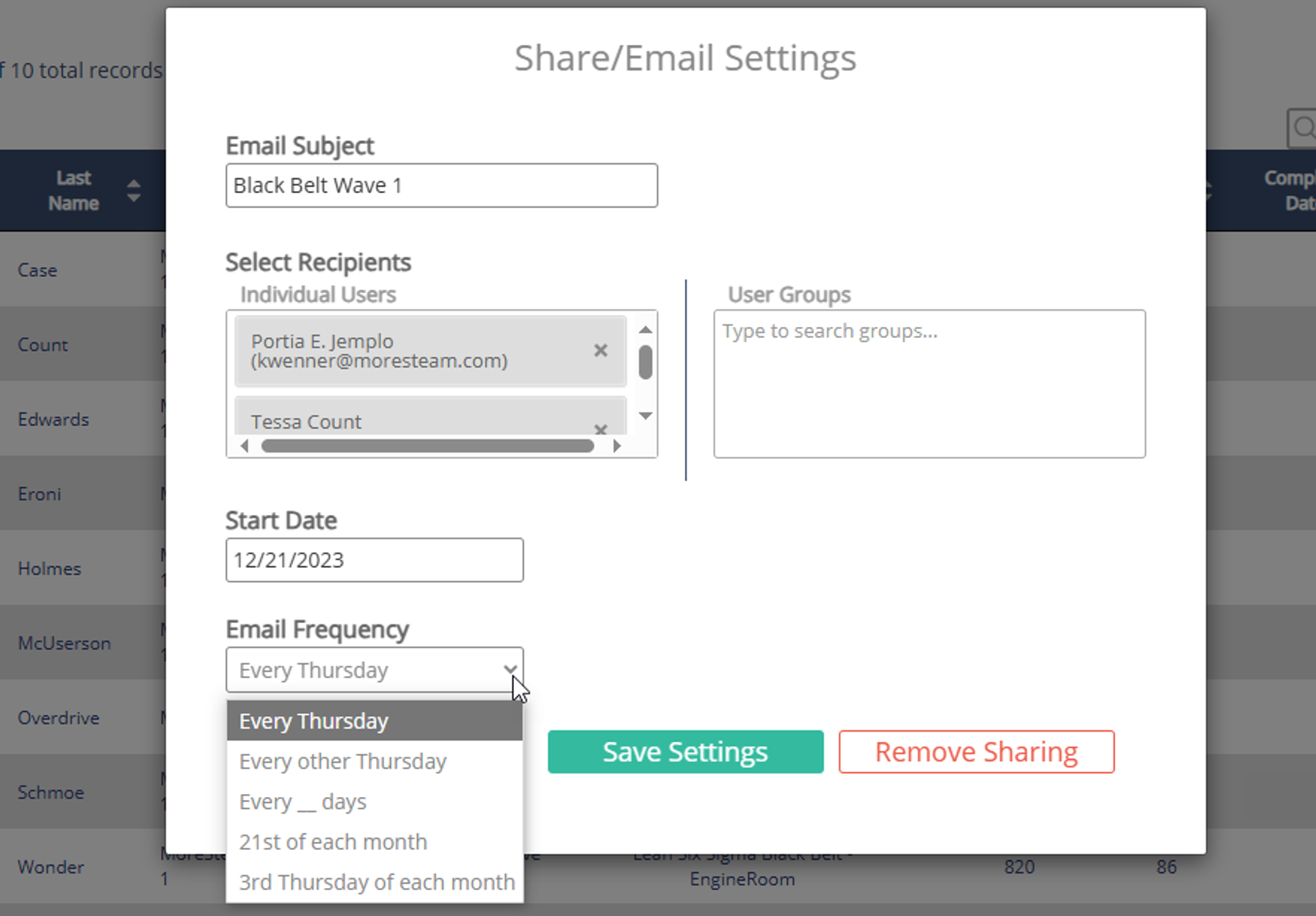 MoreReports Share/Email Settings