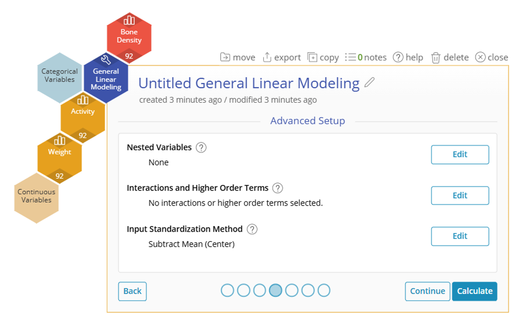 Advanced Setup screen showing options for Nested Variables, Interactions and Higher Order Terms, and Input Standardization Method. Each as an edit button next to it.