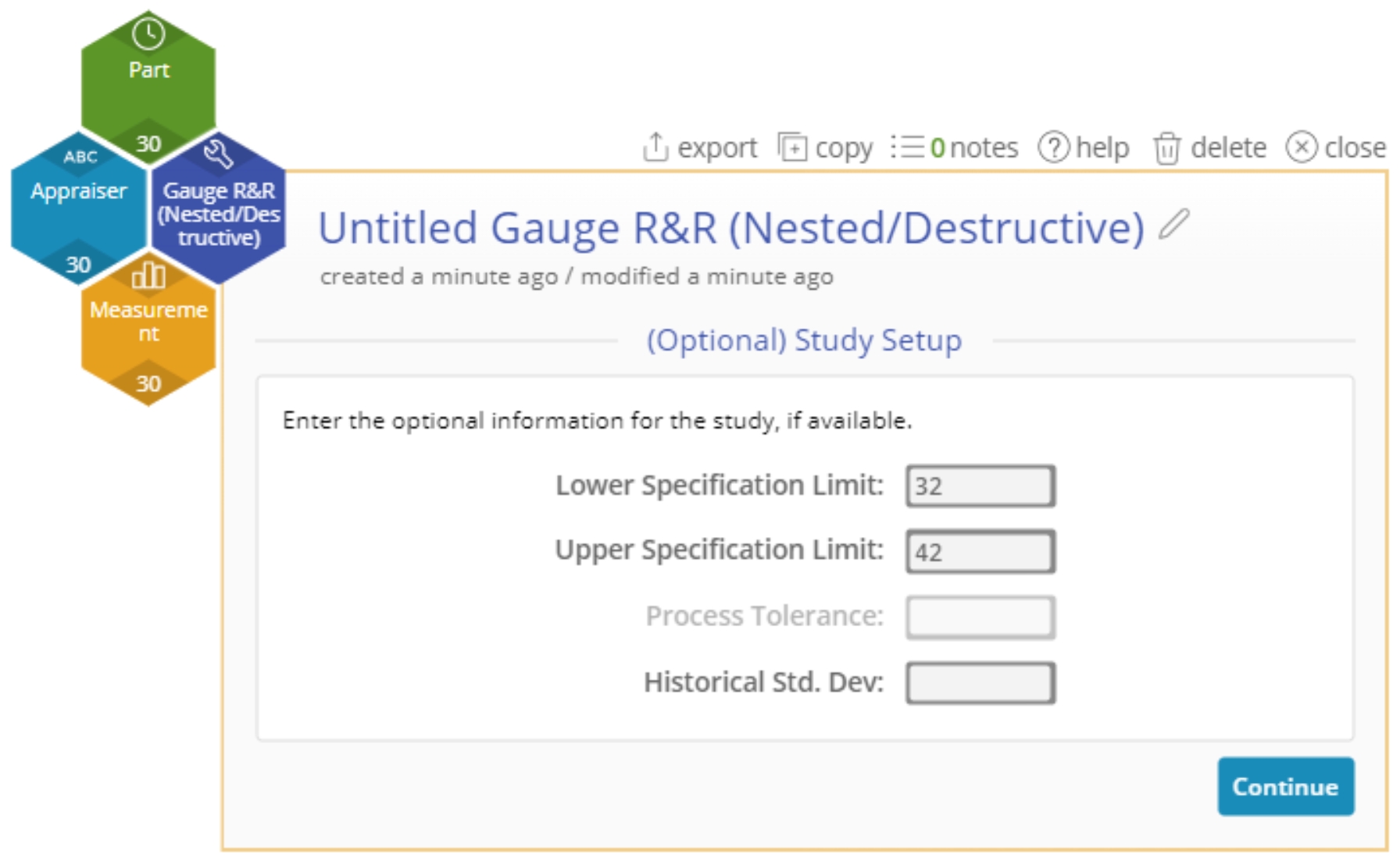 Nested gauge tool opened on the workspace, showing some setup options with data.