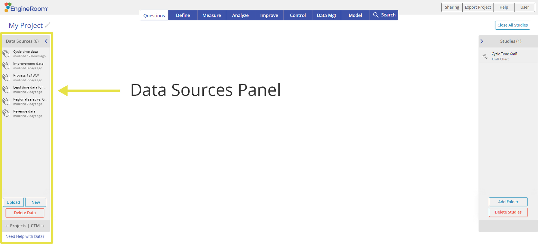 EngineRoom workspace with Data Source Panel highlighted on the left side