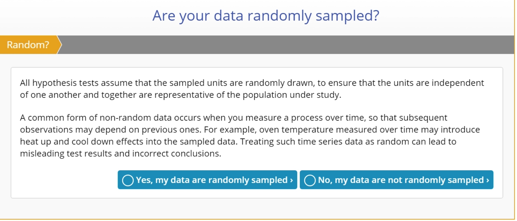 Pop-up asking if data are randomly sampled.