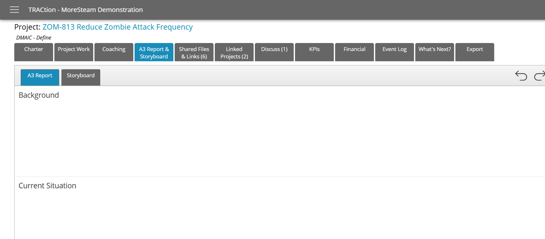 Close up of TRACtion's project tabs with "A3 Report & Storyboard" selected
