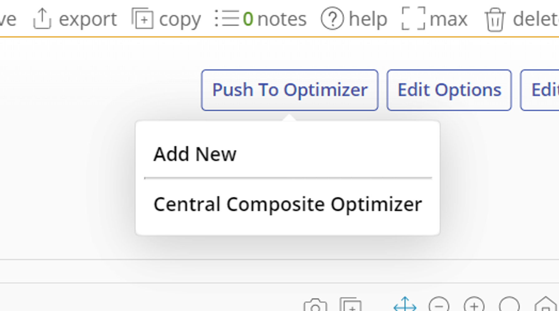 A Push to Optimizer button with a dropdown with Add New and Central Composite Optimizer, which is the name of the existing optimizer.