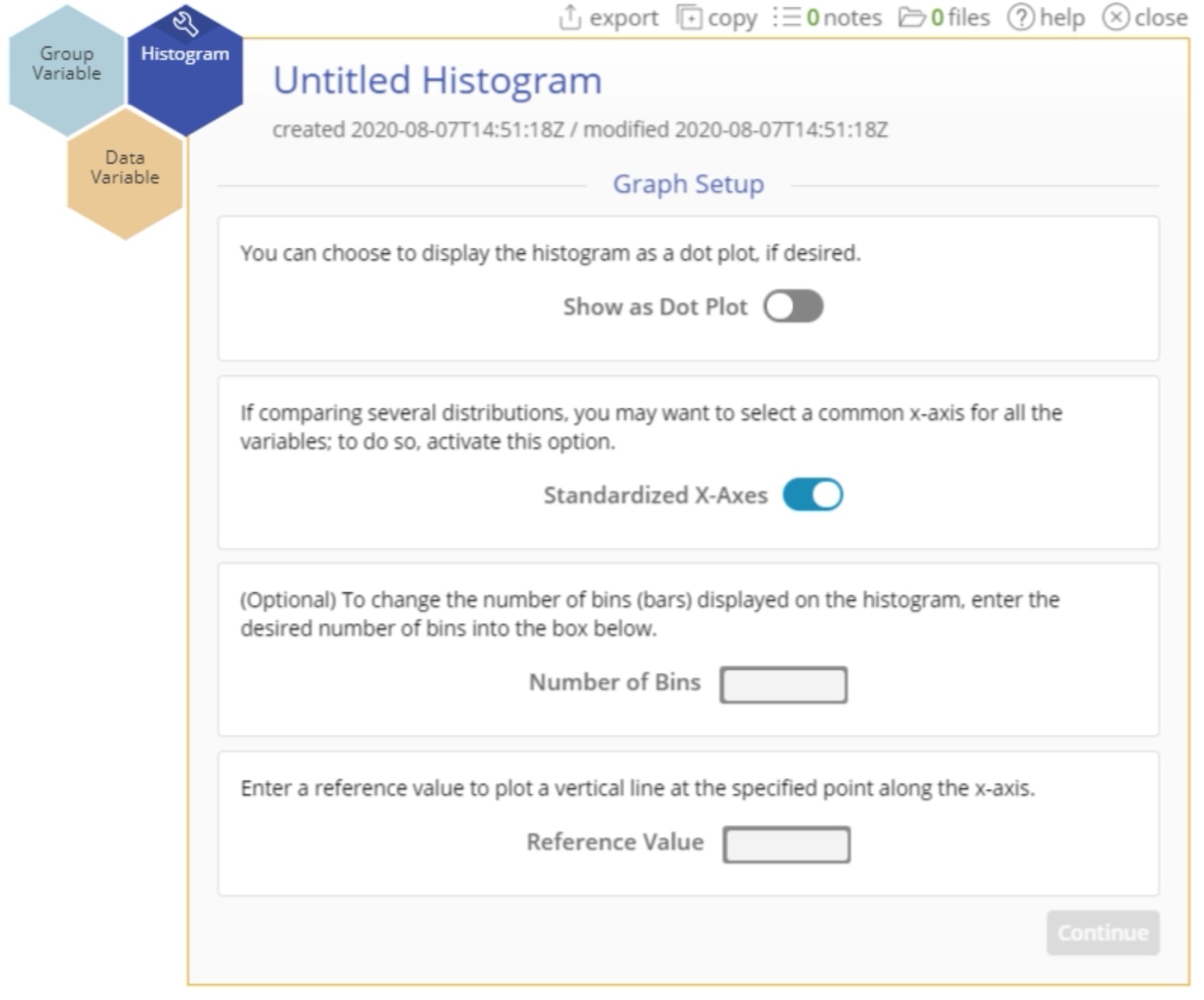 Options for EngineRoom histogram, "Standardized X-Axes is checked"