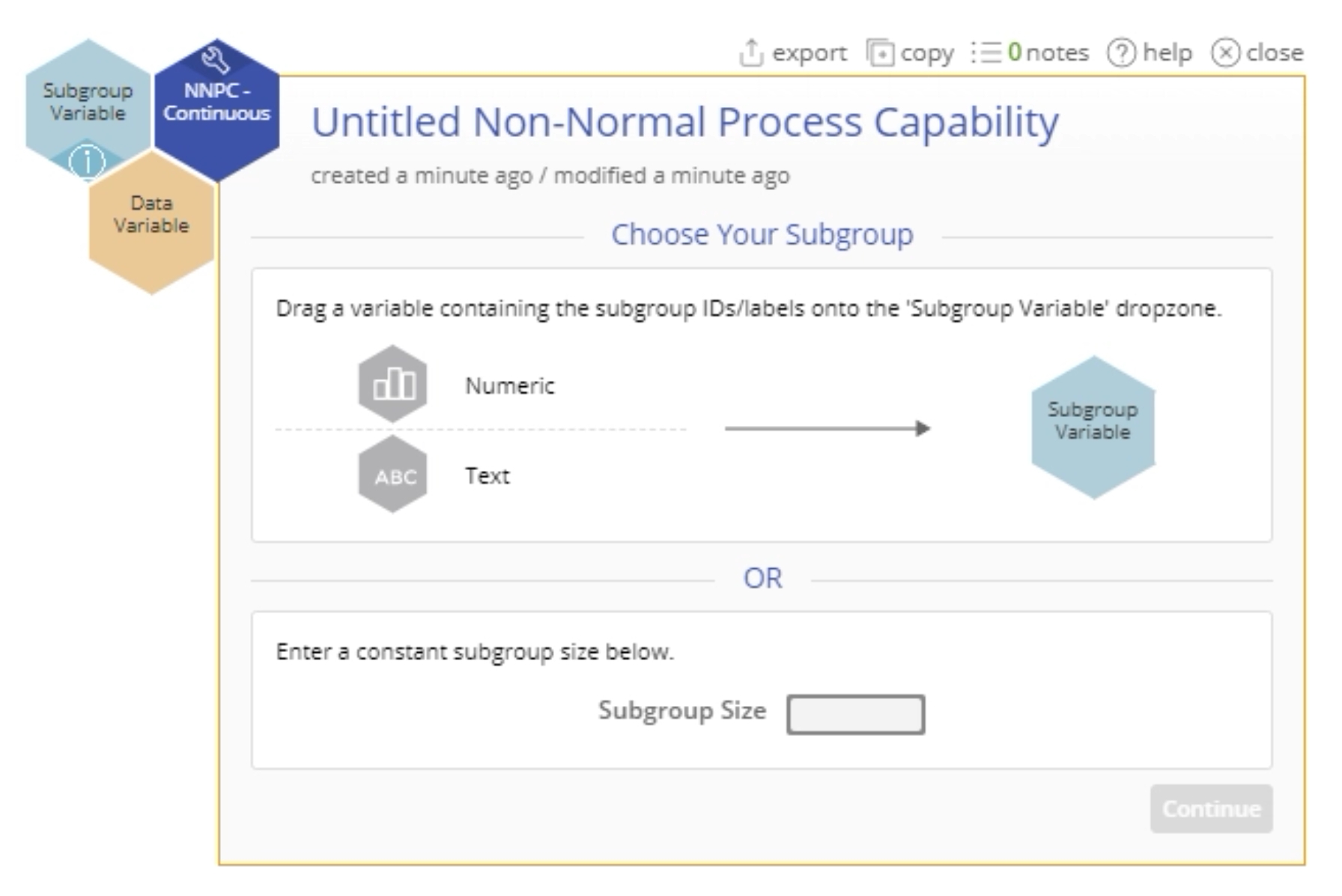 Non-normal process capability start up dialog.