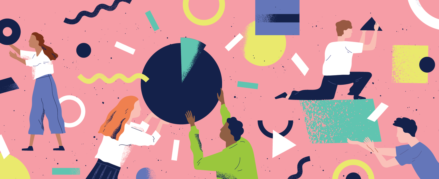 Colorful image of people interacting with abstract shapes