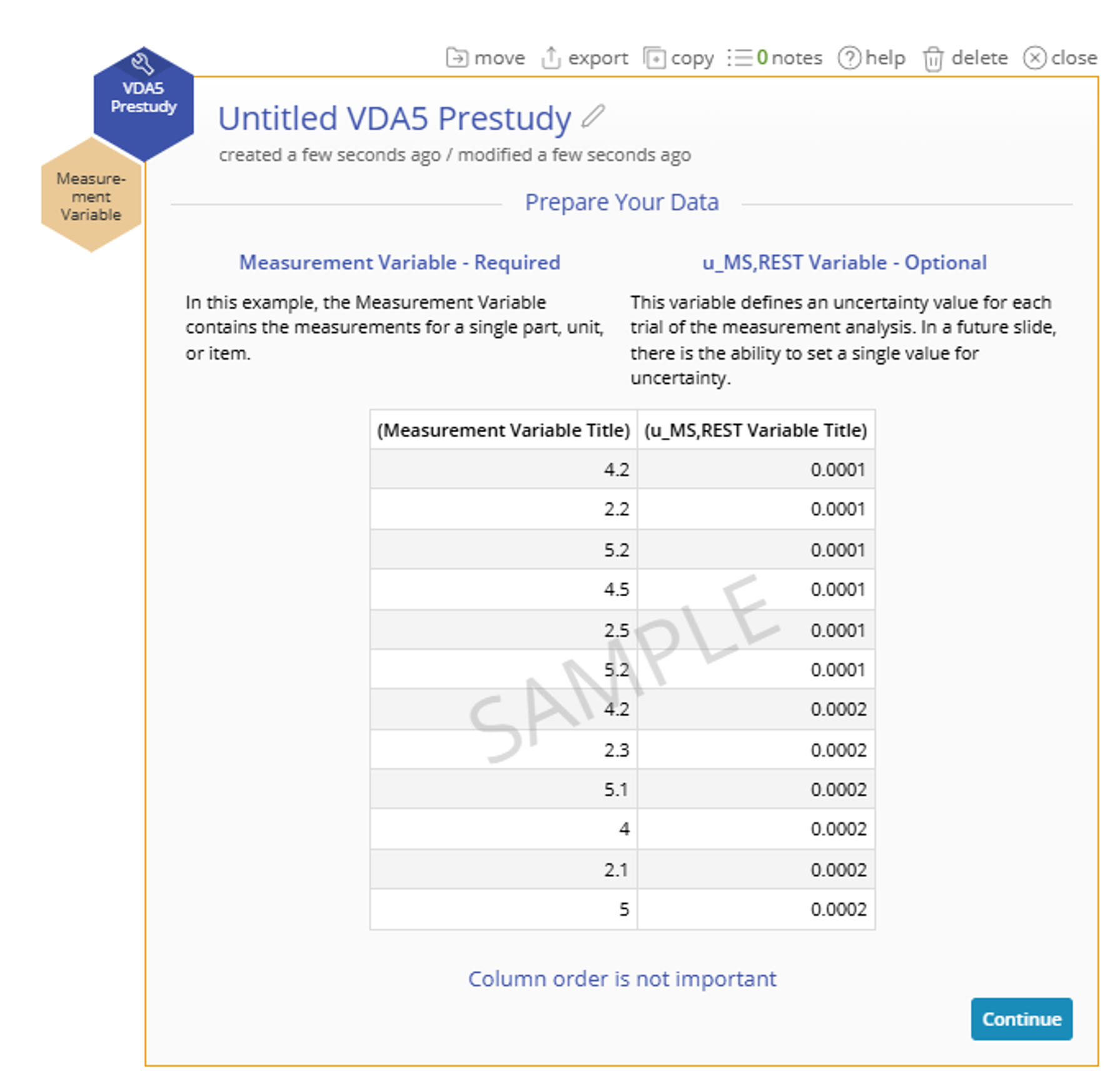 The start screen of VDA5 prestudy containing an example of two columns, measurement and u M S Rest