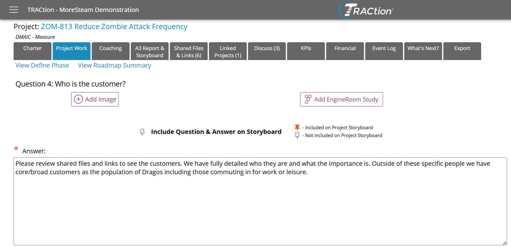 A TRACtion project question that is not included in the Storyboard as denoted by the clear pushpin icon.
