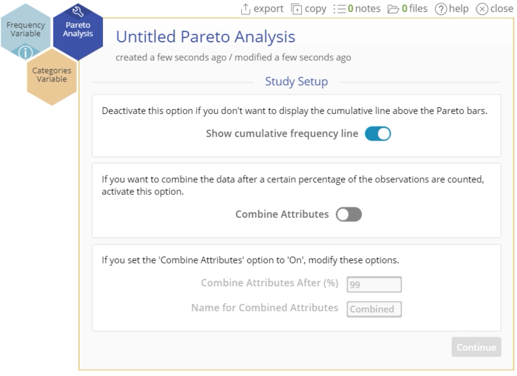 Pareto analysis start up menu.