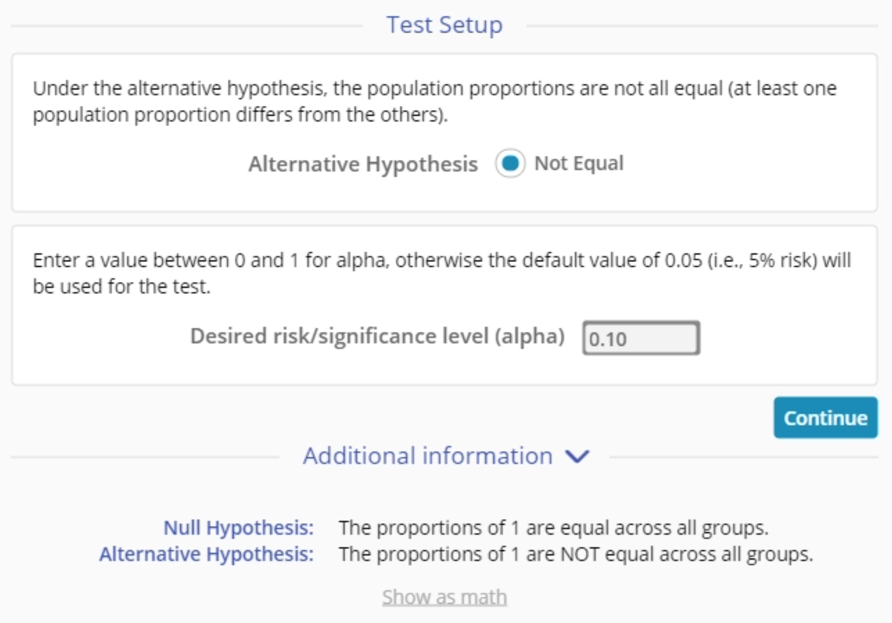 Multiple proportions summary settings menu.