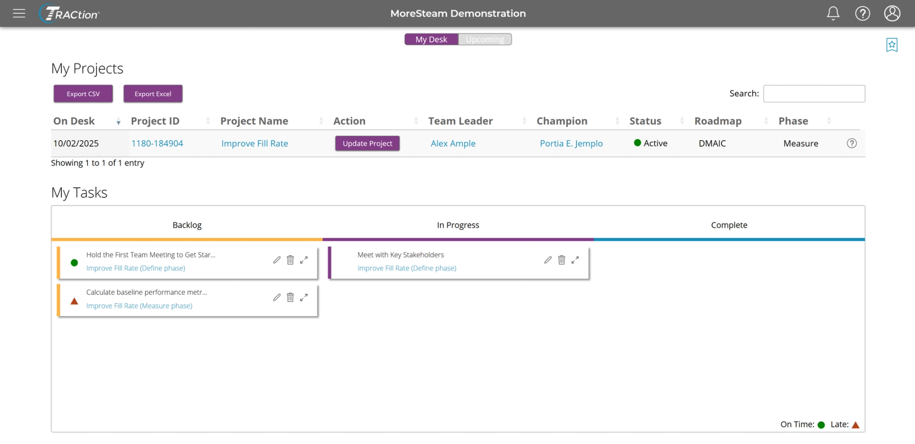 The My Desk page in TRACtion, the user in the screenshot has one project on their desk and three assigned tasks.
