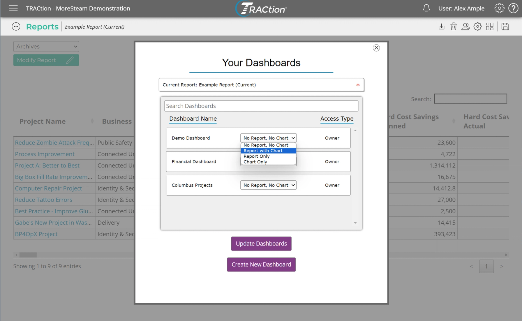 The report  is being chosen to display on the "Demo Dashboard"