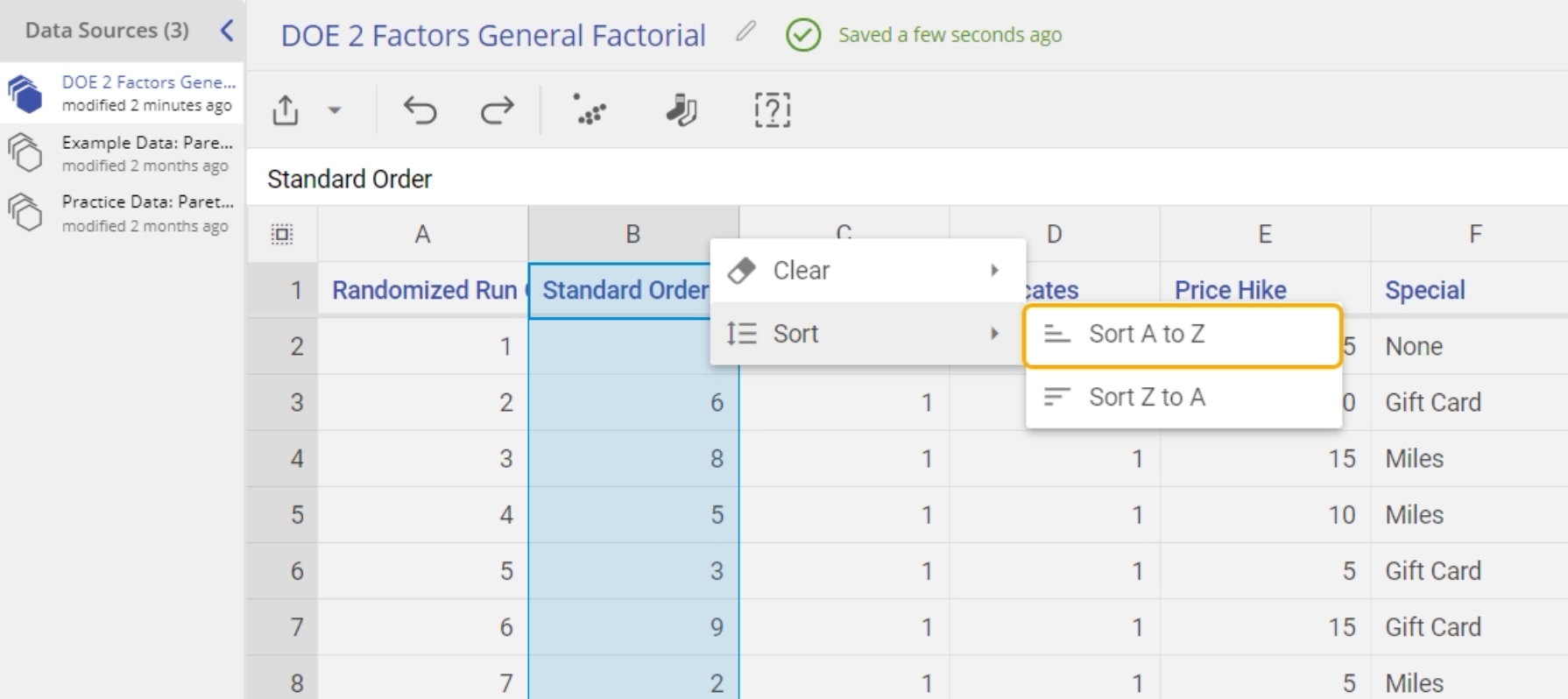 Data Editor interface highlighting the 'Sort' method for Standard Order using General Factorial data