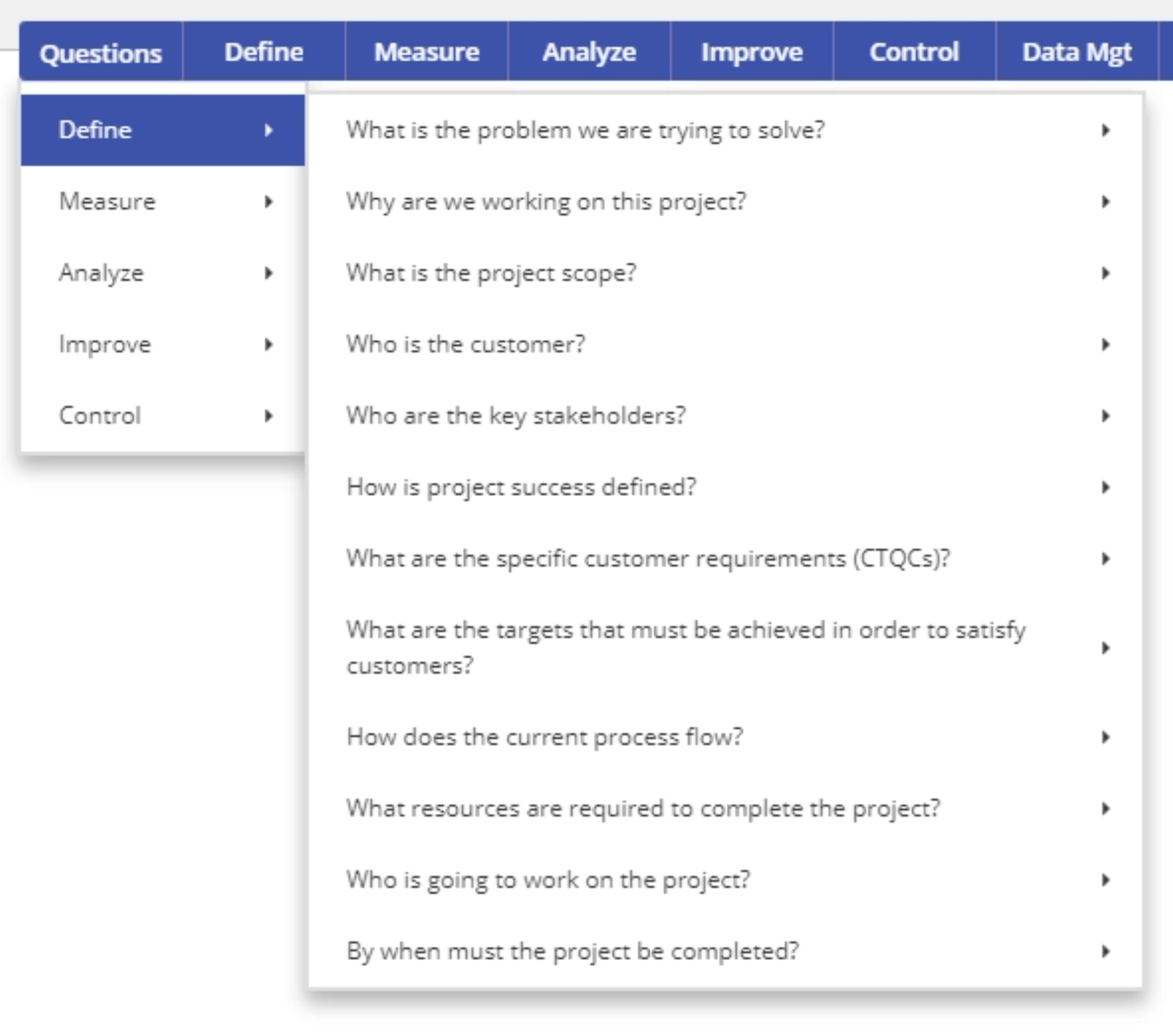 EngineRoom questions menu define dropdown.