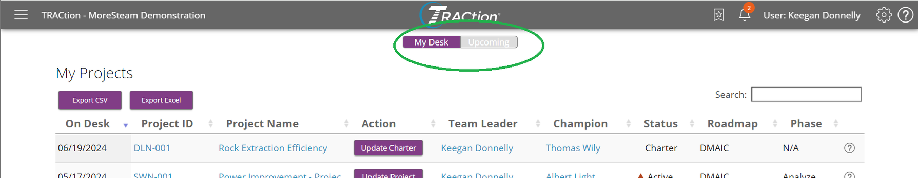 My Desk page with the My Desk / Upcoming projects button toggles circled