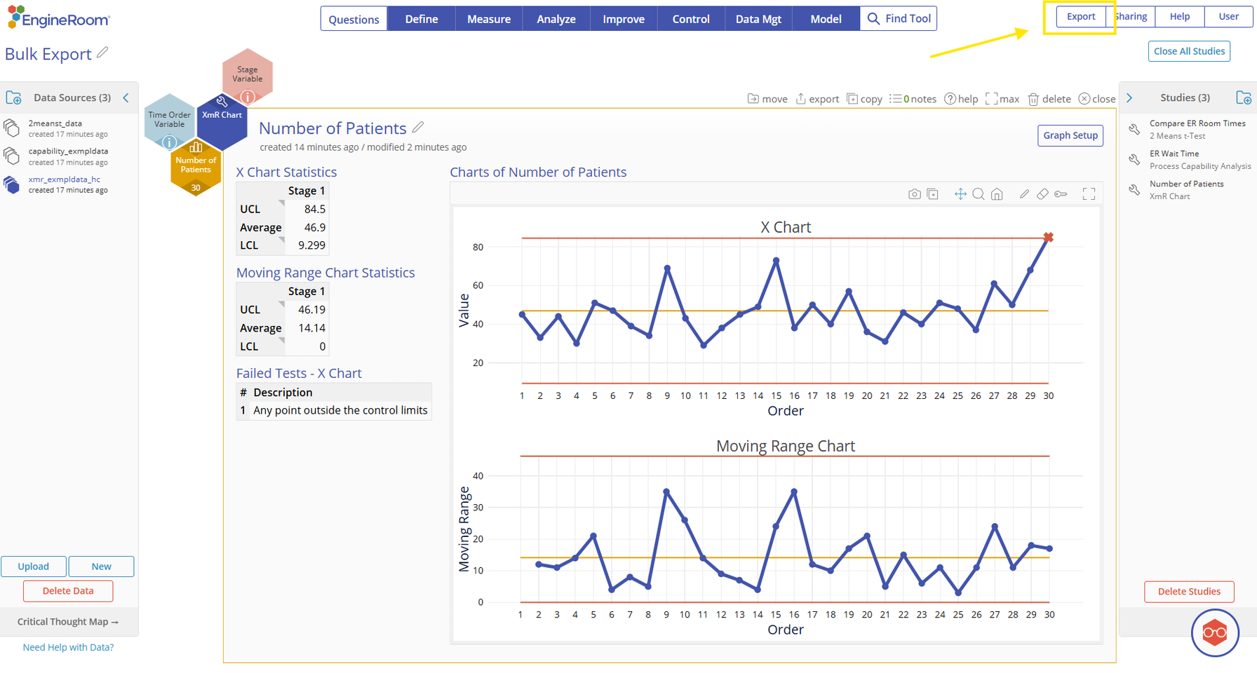 Highlighting Export button in top-right corner of the screen