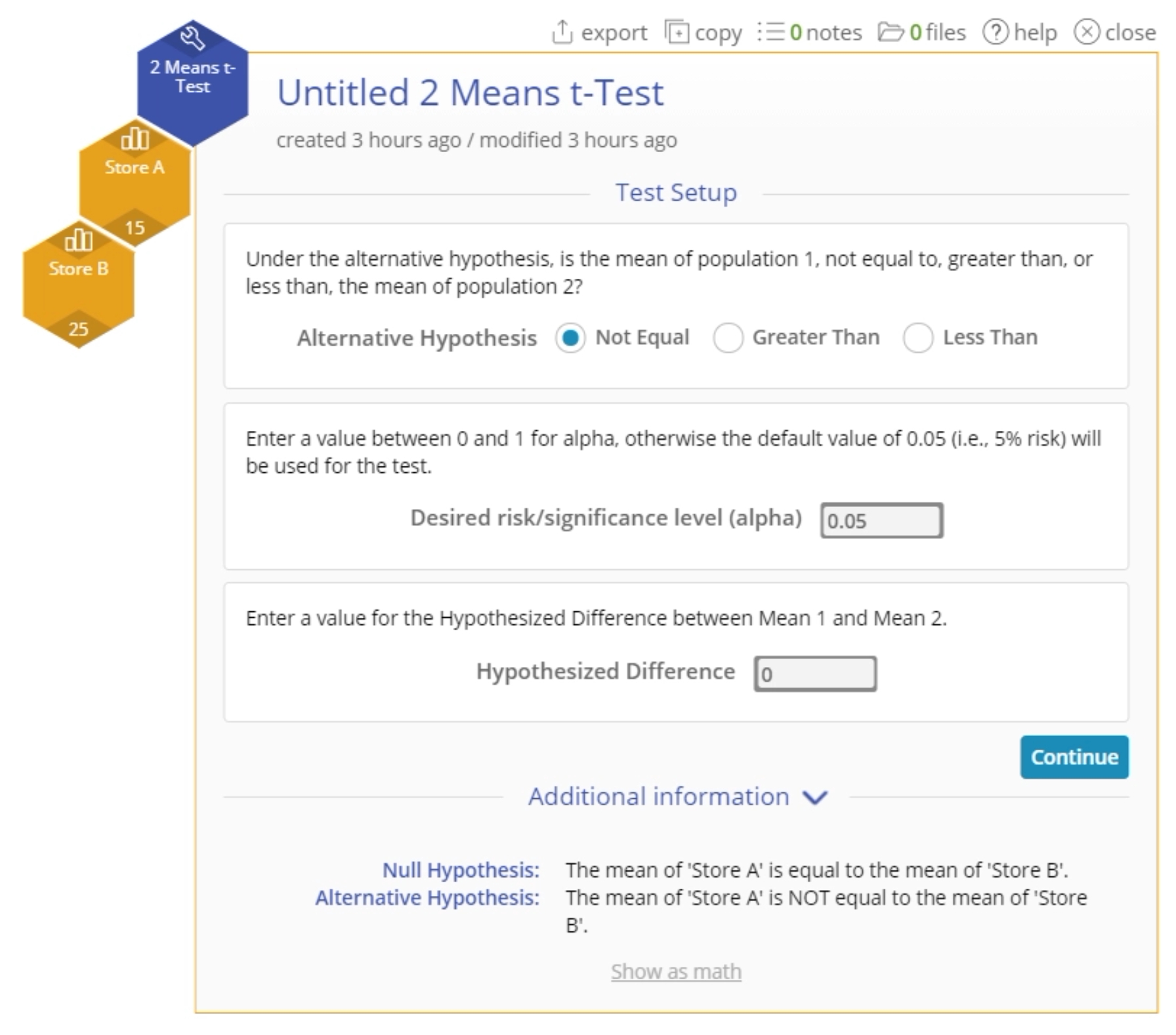 2 Means t-Test start up menu.