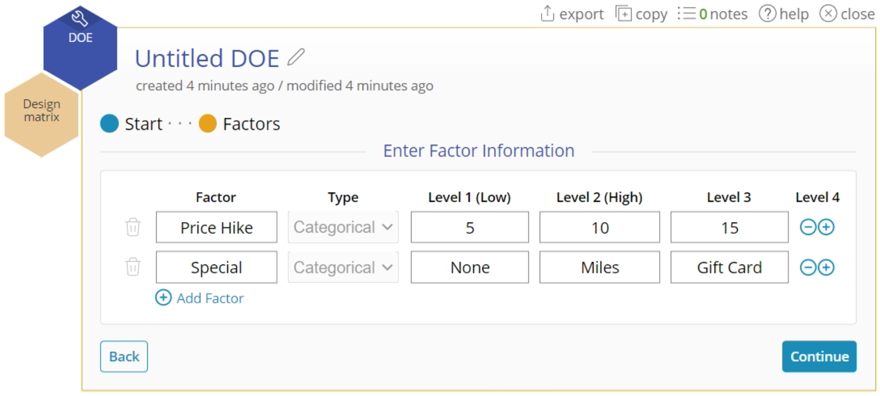 Factors Price Hike and Special with associated levels are input into a table