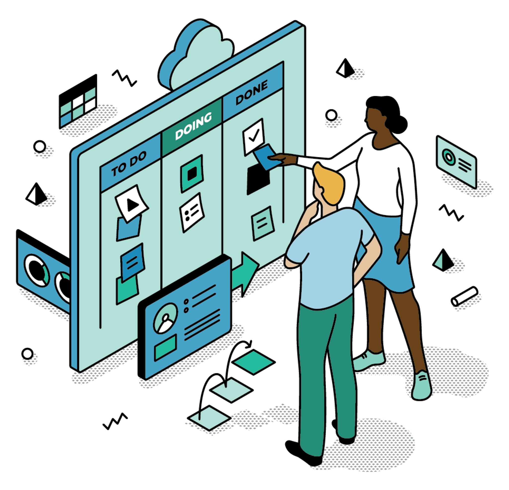 Two people at a Kanban Board