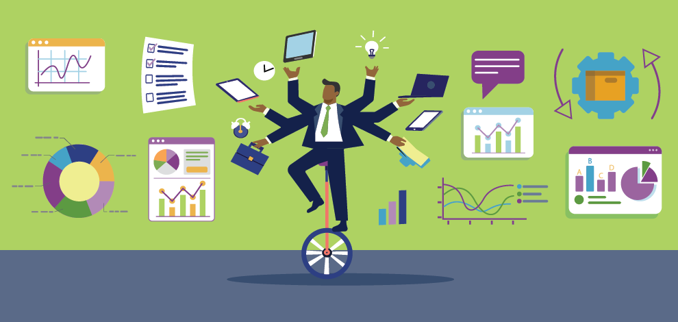 A man on a unicycle surrounded by chart,s graphs, data, tablets, computers, and checklists.