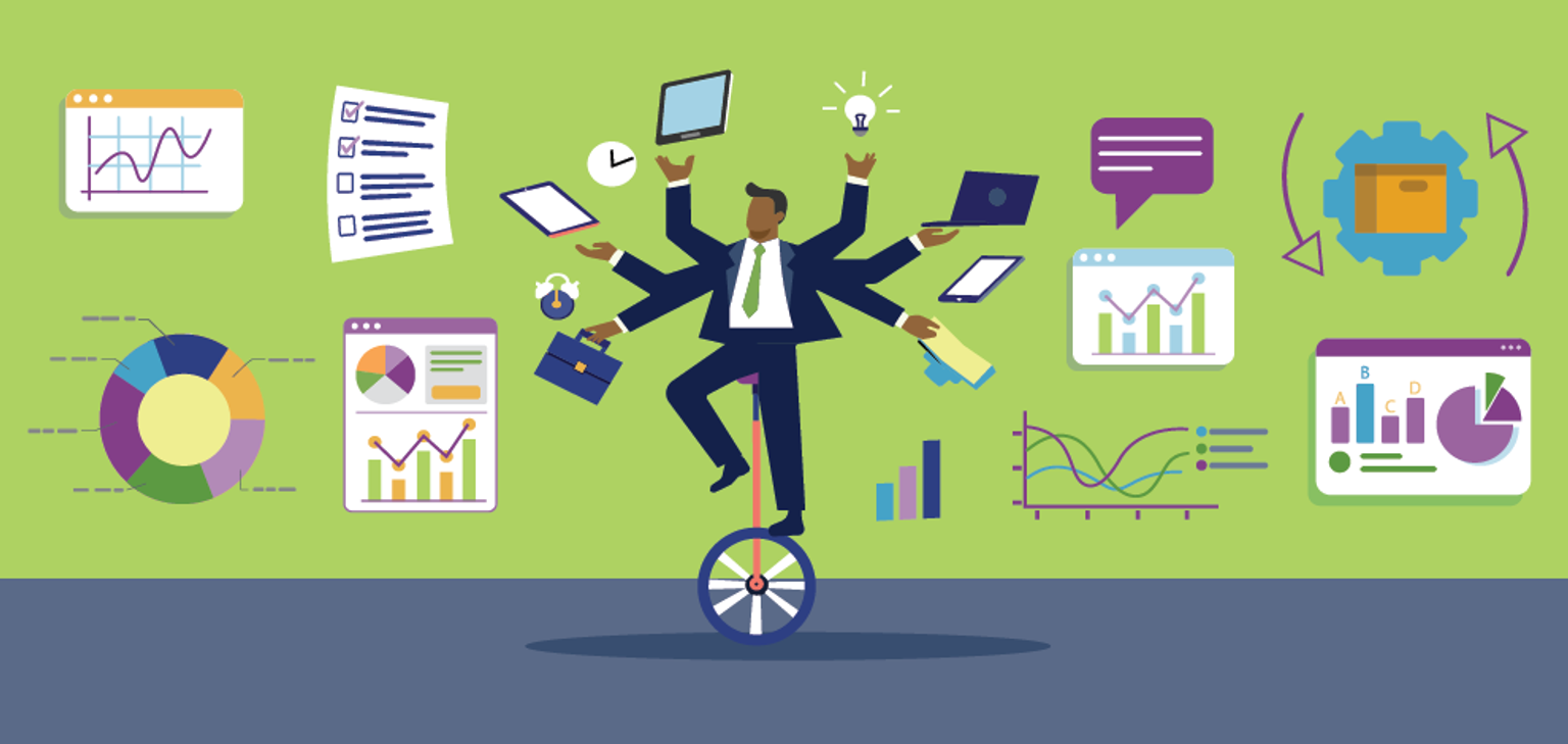 A man on a unicycle surrounded by chart,s graphs, data, tablets, computers, and checklists.