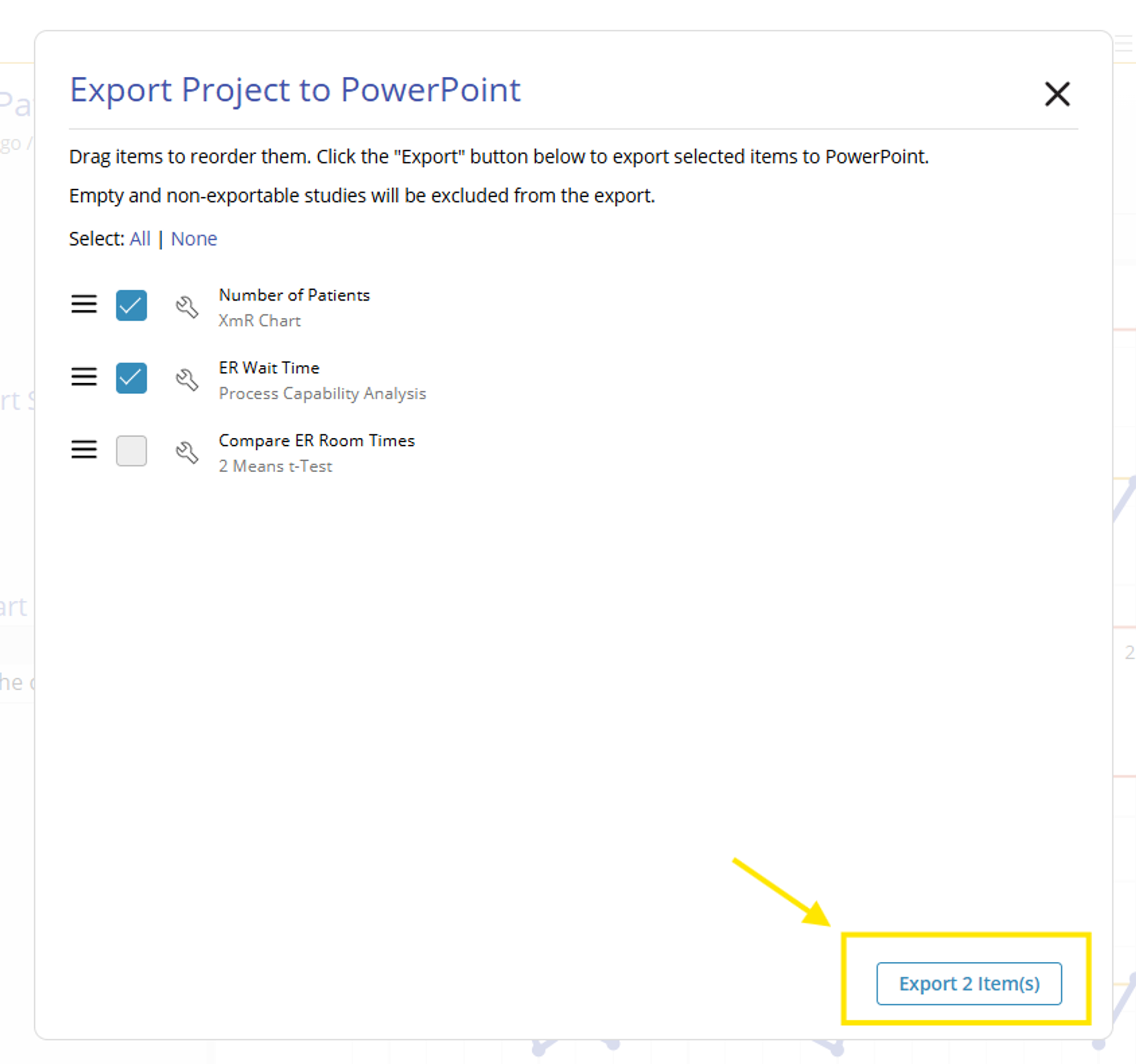 Highlights Export 2 items button in bottom right corner