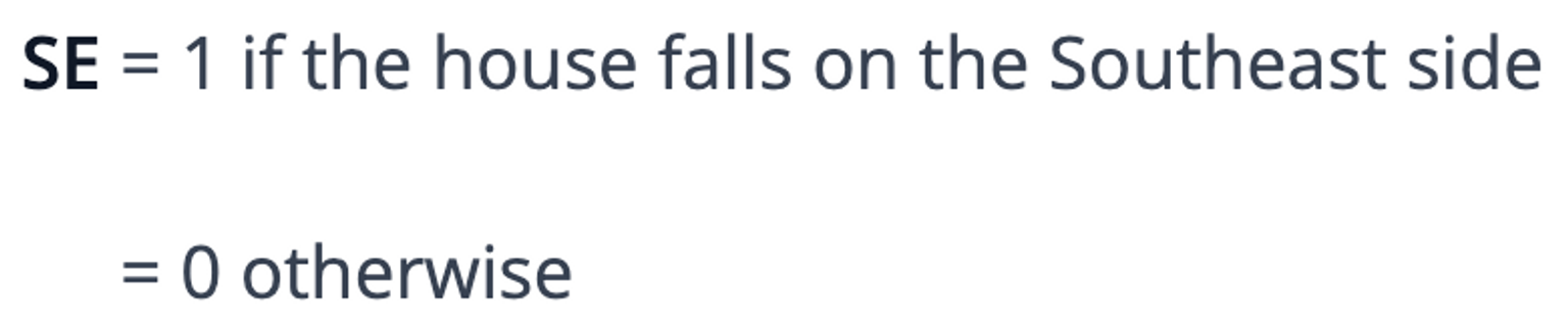 SE = 1 if the house falls on the Southeast side and 0 otherwise