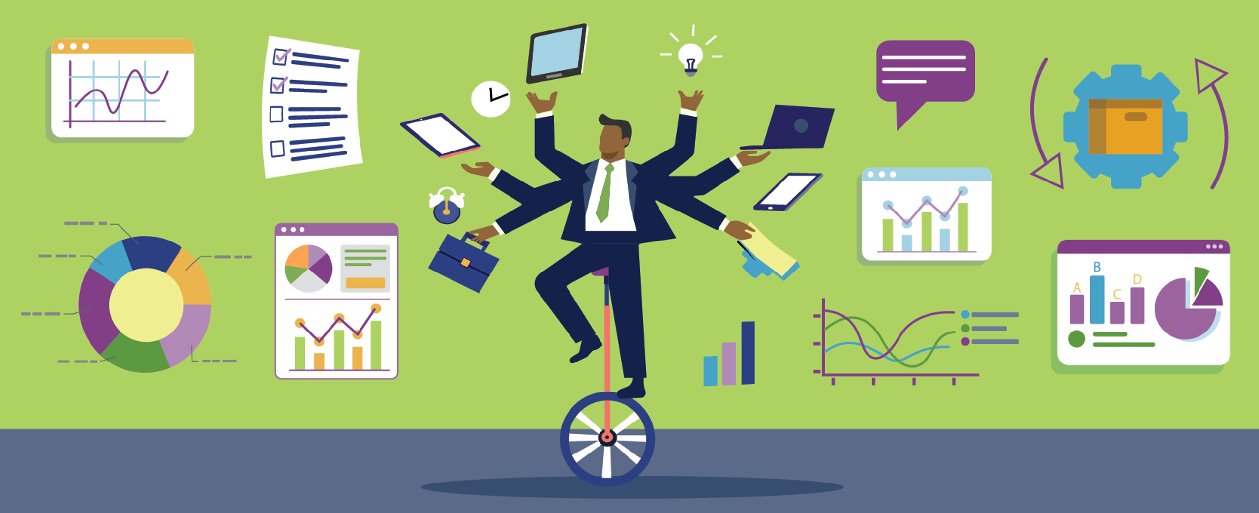 A man on a unicycle surrounded by chart,s graphs, data, tablets, computers, and checklists.