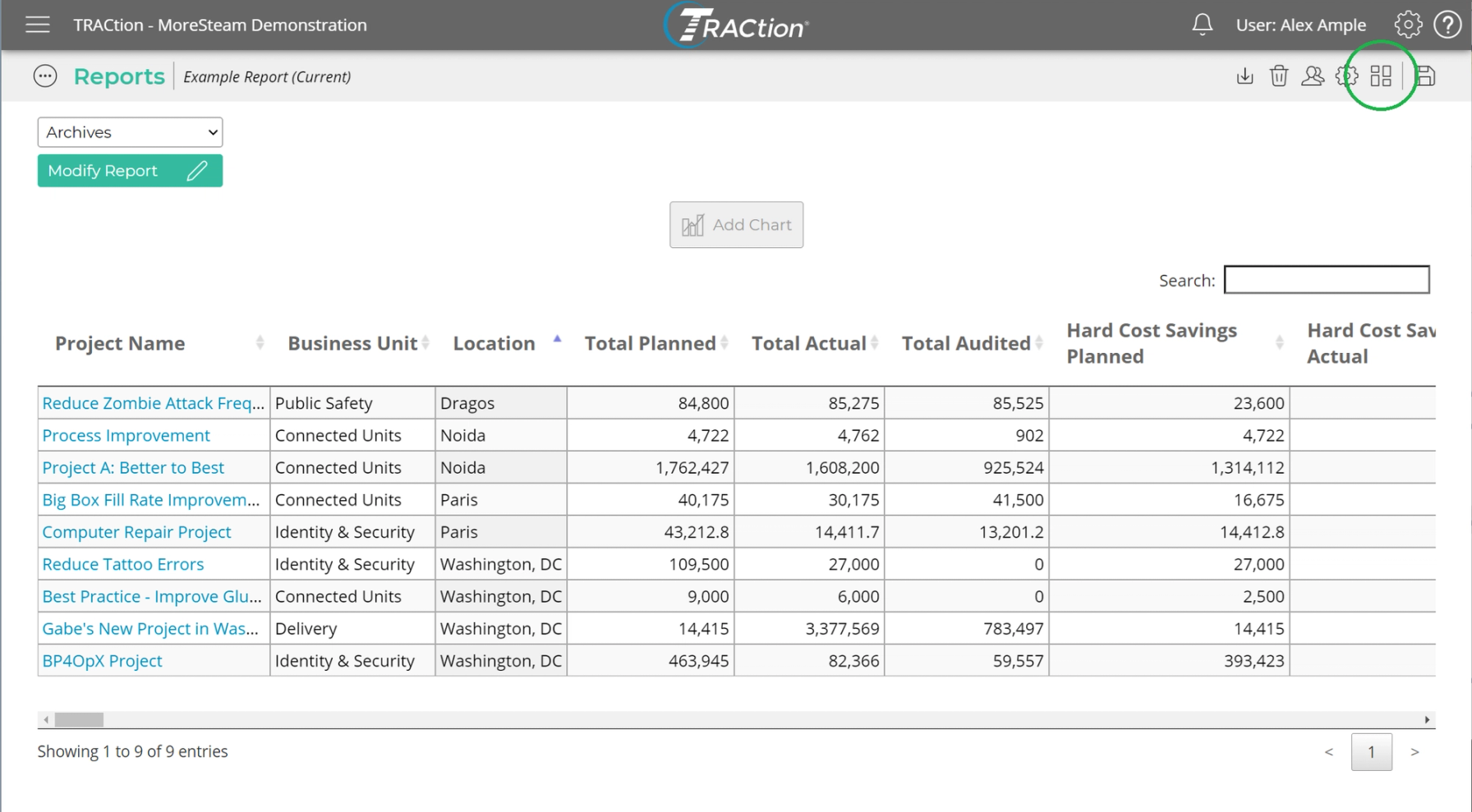 Highlighting the dashboard button in the top right corner of the report window