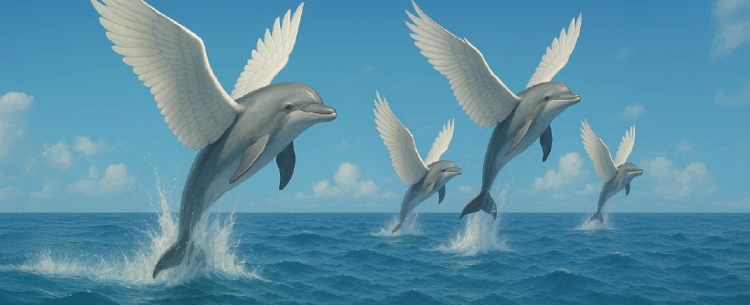 Image of a pod of flying dolphins