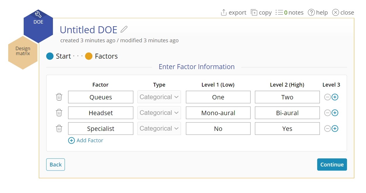 Screen displaying factor selection with three factors, each having two levels.